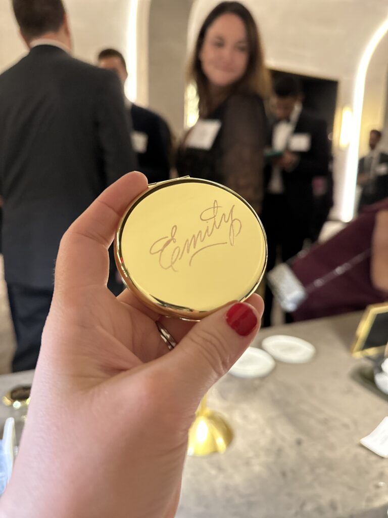 Corporate holiday event for BCG. Custom hand-engraved mirrors for guests. 

Engraving is performed on-site and takes under a minute to complete one name. 

Event Planner: TBW Creatives